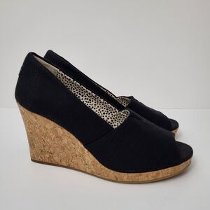 TOMS Michelle Peep Toe Wedge Cork Heels Womens 6.5 M Black Canvas Sandals
